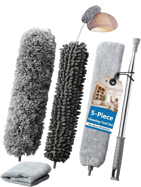 Grey Gentle Monkey dusting kit with microfibre, chenille and flat crevice heads, a spare cloth and telescopic pole